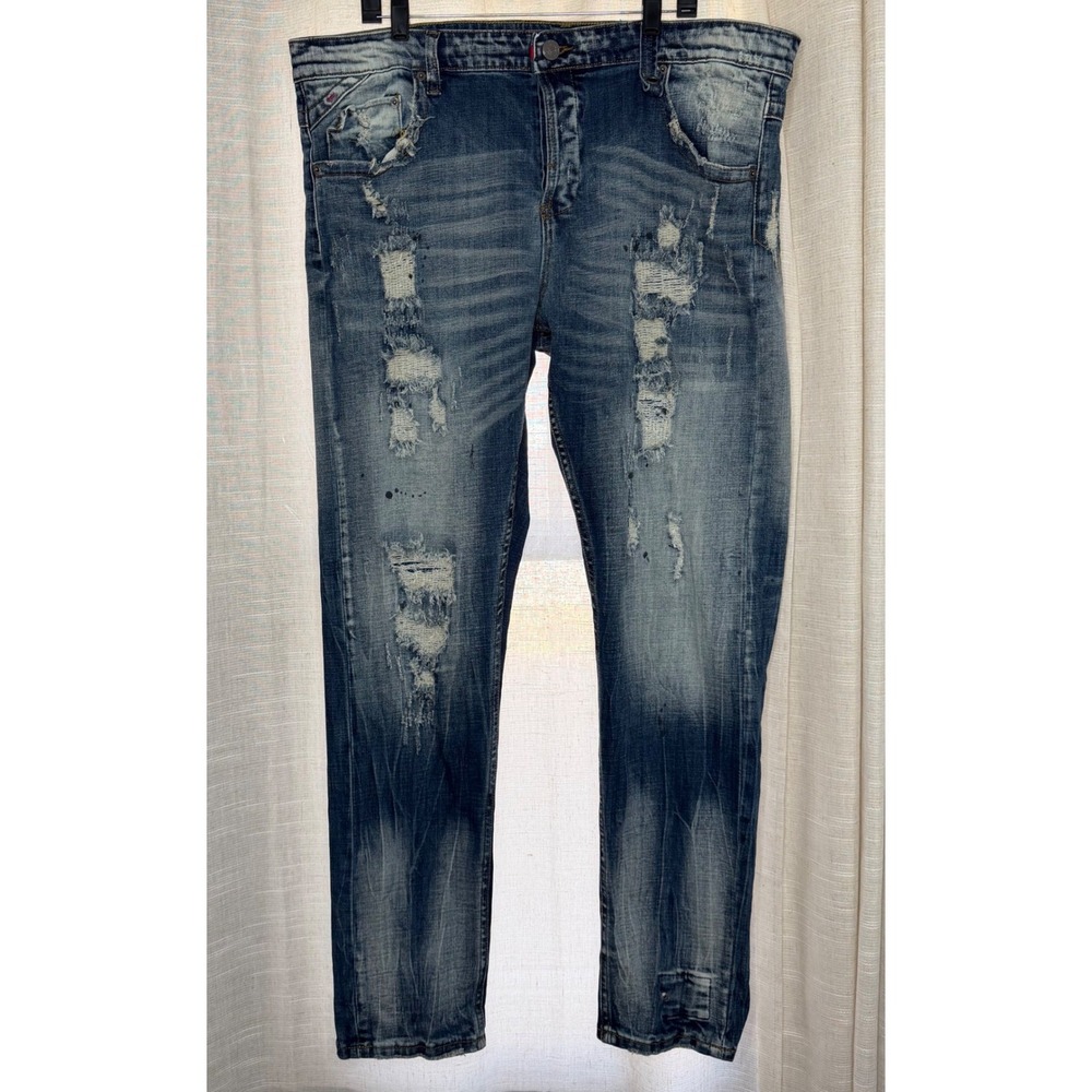 Smugglers Moon Distressed Ripped Paint Splatter Blue Jeans Button Fly Mens 42x33